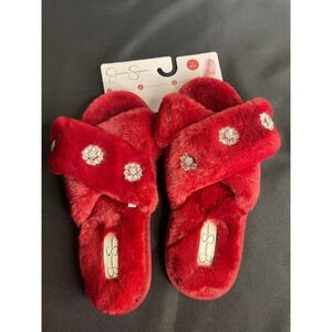 Jessica Simpson Red Fuzzy Slippers Rhinestone Flower Detail Memory Foam Size 8-9